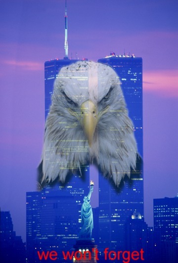 Angry eagle superimposed on World Trade Center with caption "We won't forget"